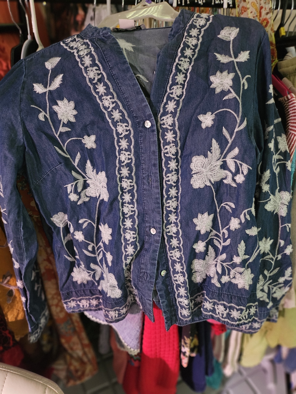 Nanette Lepore Blue Denim Jacket with White Floral Embroidery